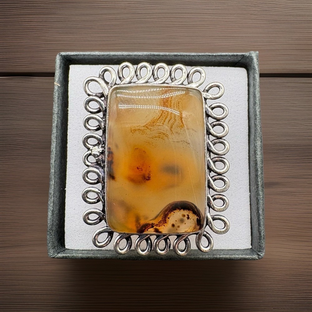 Montana Agate Rectangle Silver Plated Filigree Statement Ring Size 9